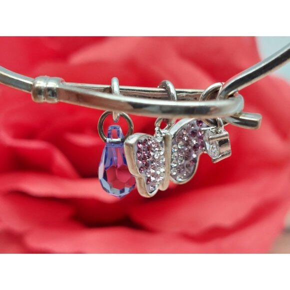 Signed SU CZ CH Sterling Silver Cuff Bracelet Dangle Charm Purple Butterfly - Picture 3 of 10